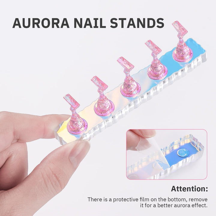 2 Set Nail Holder for Display Painting Nails - Aurora Acrylic Magnetic Practice Nail Stand Set - Fake Nail Holder for Press on Nails with Reusable Adhesive Putty (Aurora Pink)