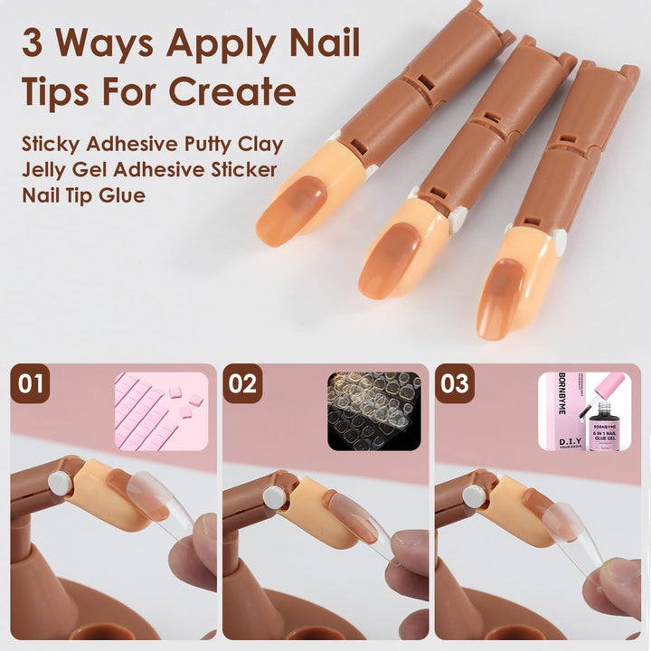 Acrylic Nail Practice Finger Kit,  Acrylic Nail Training with 1 Base Stand, 3 Adjustable Fake Fingers, 100 Brown Nail Tips, Movable Training Nail Practice for Nail Beginner…