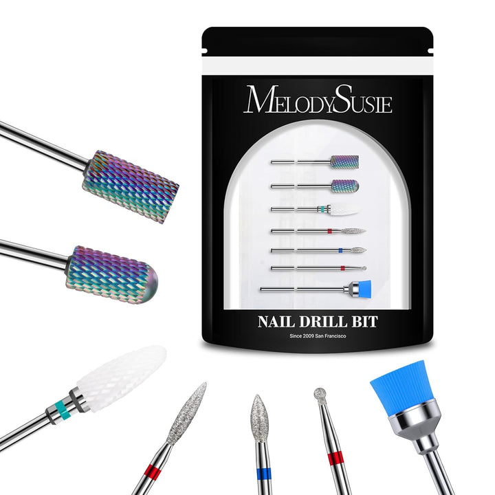 Nail Drill Bits Set, 7Pcs Tungsten Carbide Diamond Nail Drill Bits for Acrylic Nails Poly Gel Cuticle Remove, 3/32'' Professional Nail Bits for Nail Drill Efile, Manicure Pedicure Tools