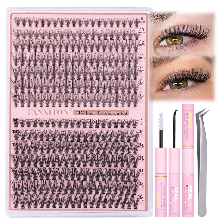 DIY Lash Extension Kit Volume Lash Clusters 40D+50D D Curvature Individual Lashes Lash Clusters Kit Thick Eyelash Extension Kit 280 Pcs Thin Band Cluster Lashes Lash Bond and Seal Tweezers