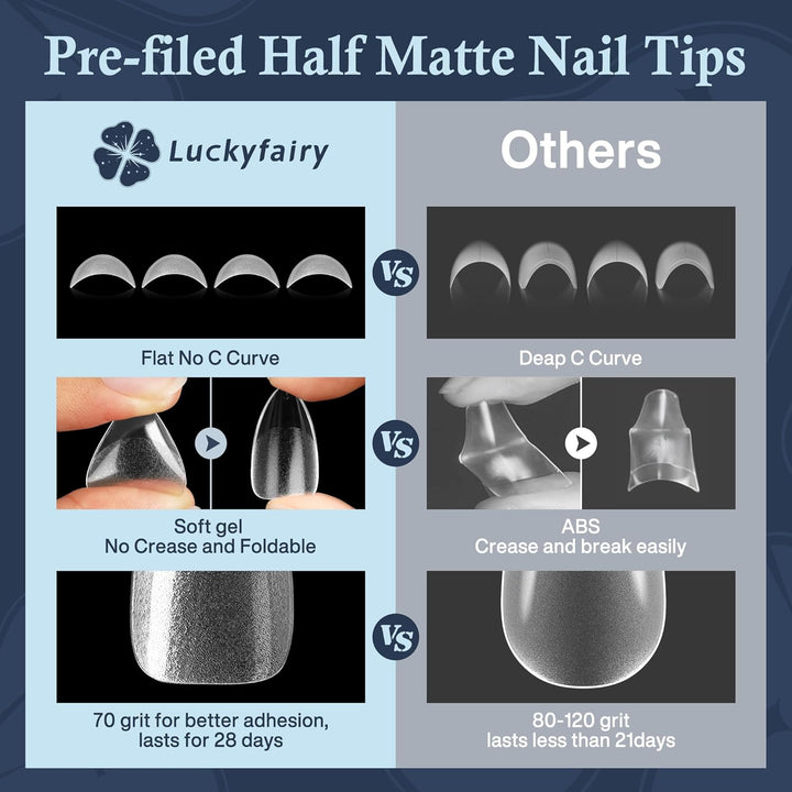 Short Almond Nail Tips, 240Pcs Soft Nail Gel Tips Pre-Shaped Acrylic Fake Nails, Half Matte Full Cover Clear Gelly Press on Flase Nail Tips for Extension Nail Manicure Home DIY 12 Sizes Gelly Tips