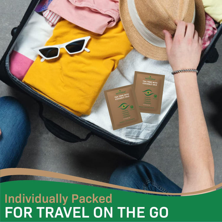 60Pcs Tea Tree & Coconut Oil Eyelid & Lash Wipes - for Demodex, Blepharitis & Itchy Eyes, Individually Wrapped Eyelash Wipes with Aloe Vera, Natural Makeup Remover & Daily Eye Cleanser