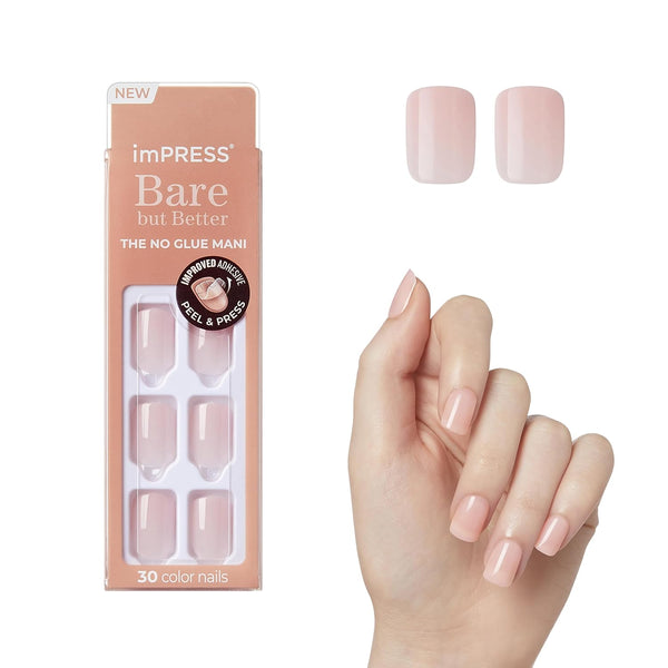 KISS  No Glue Mani Press on Nails, 'Instinct', Light Pink, Short Size, Squoval Shape, Includes 30 Nails, Prep Pad, Instructions Sheet, 1 Manicure Stick, 1 Mini File