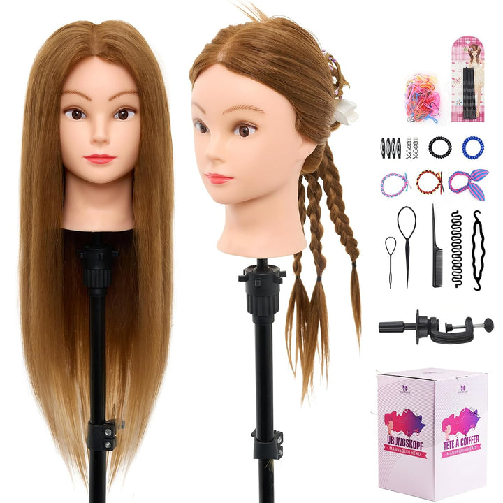 28" Mannequin Head Human Hair, 80% Real Hair Mannequin Head for Makeup Practice, Cosmetology Manikin Doll Head for Hair Styling, Hairdressing Training Head for Braiding #27