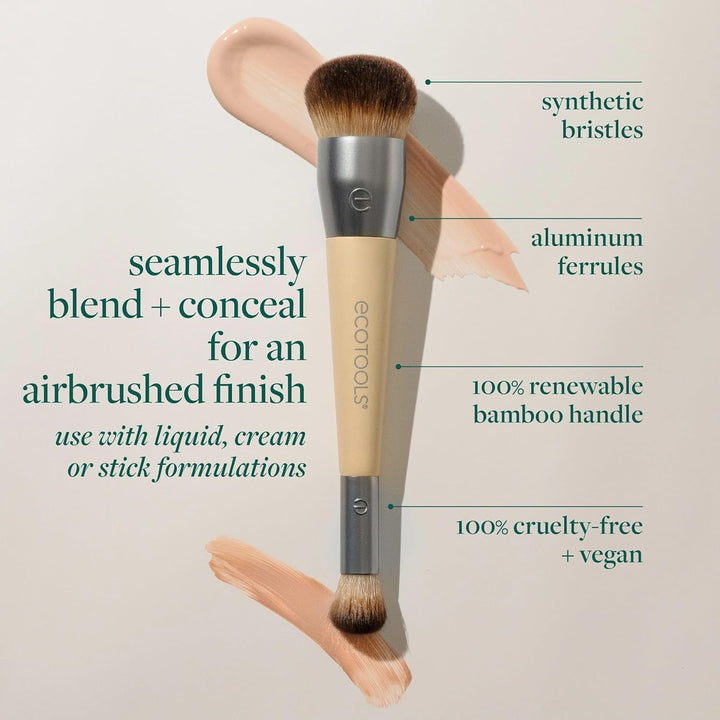 Blend + Conceal Dual-Ended Makeup Brush, Foundation & Concealer Brush for Liquid & Cream Formulas, Face Makeup Brush, Synthetic Bristles, Vegan & Cruelty-Free, Travel & Eco-Friendly, 1 Count