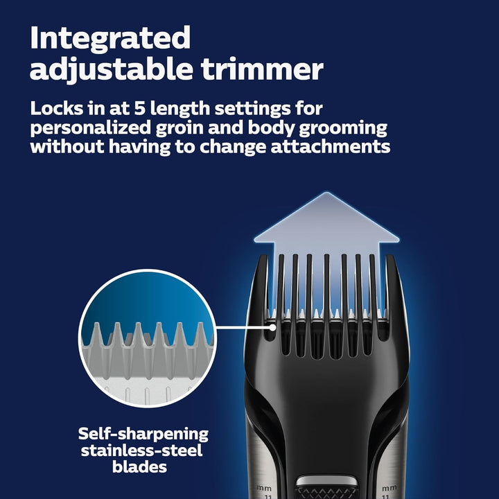 Philips Bodygroom 7000 Series, Showerproof Groin and Body Trimmer for Men, Precise Body Grooming, Adjustable Comb, Safe Even below the Belt, 80 Min. Runtime, Model BG7040/42