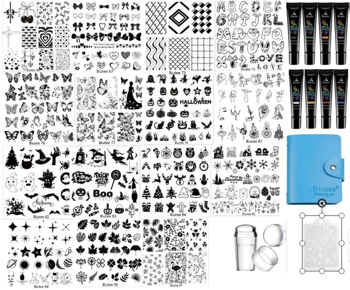 Nail Stamper Kit 15Pcs Nail Art Stamp Plate 8Pcs Stamp Gel Polish 1Pcs Nail Stamper Scraper Set with Storage Bag, Nail Stamp Template Kit Flower Lace Animal Star Halloween Christmas Design