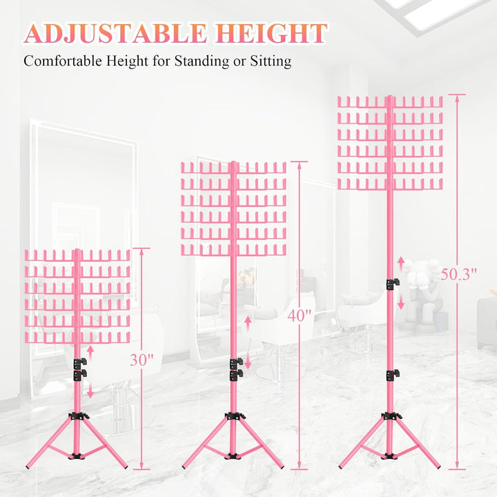 Braiding Hair Rack Height Adjustable 144 Pegs Braiding Rack Hair Extension Holder with Hair Braid Tools, Easy to Assemble (Pink)