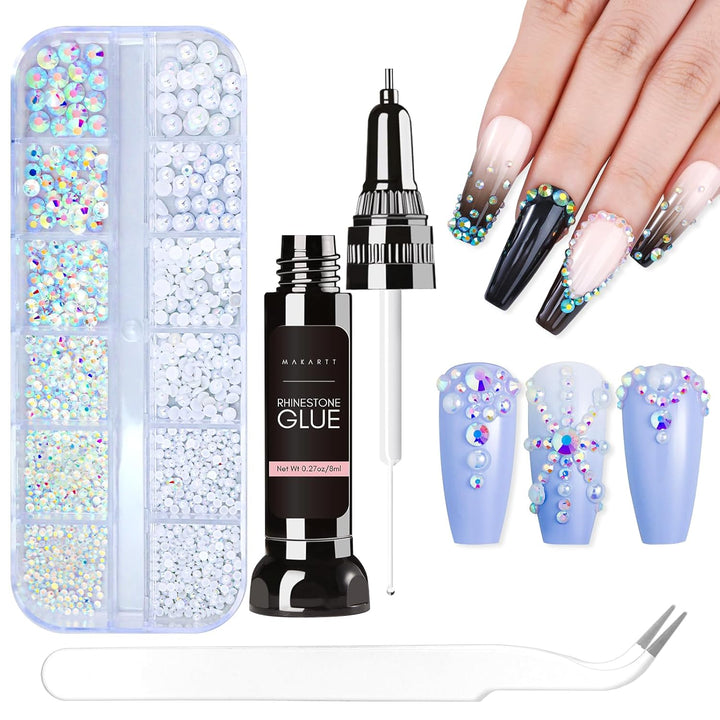 Nail Rhinestone Glue Set - Gel Nail Glue for Rhinestones, 3D Art Design Super Strong Adhesive for Charm Gems Jewel Crystal Beads Diamonds, 15Ml & 8Ml, Easy Use, Cured Need