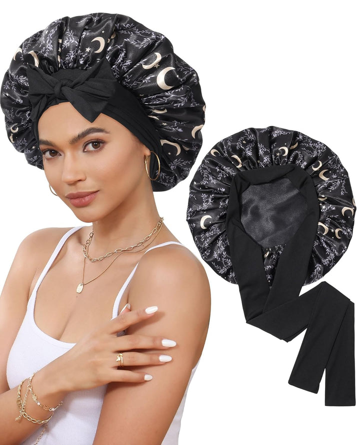 Satin Bonnet for Sleeping Cap Double Layer Hair Bonnet with Elastic Tie Band for Curly Hair Night Cap (Bean Paste + Pink)