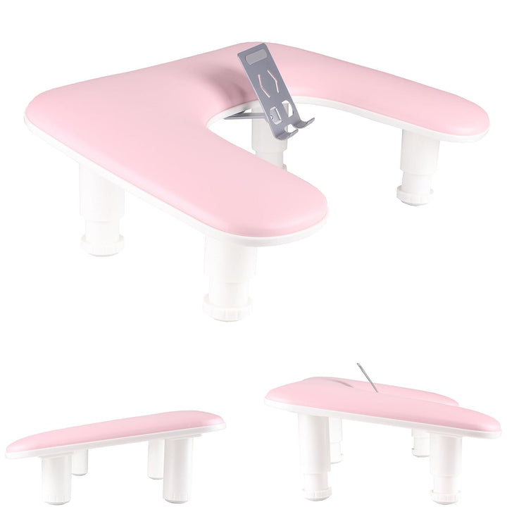 Manicure Arm Rest with Rotating Phone Holder for Nails Tech, U - Shaped Adjustable Nail Hand Rest Stand PU Leather (White)