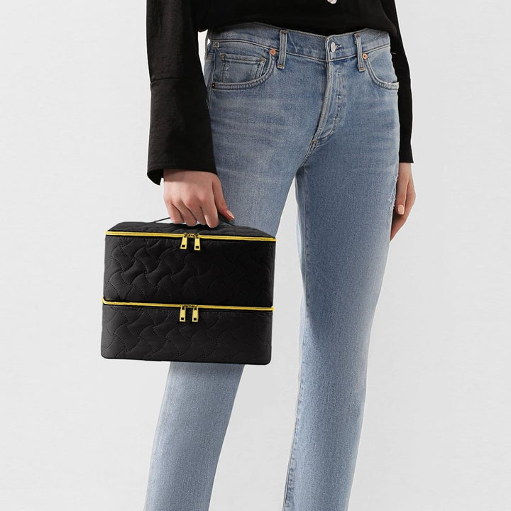 Nail Polish Organizer Case Holds 42 Bottles, Portable Double-Layer Nail Polish Storage Bag with Adjustable Dividers for Manicure Tools, Black