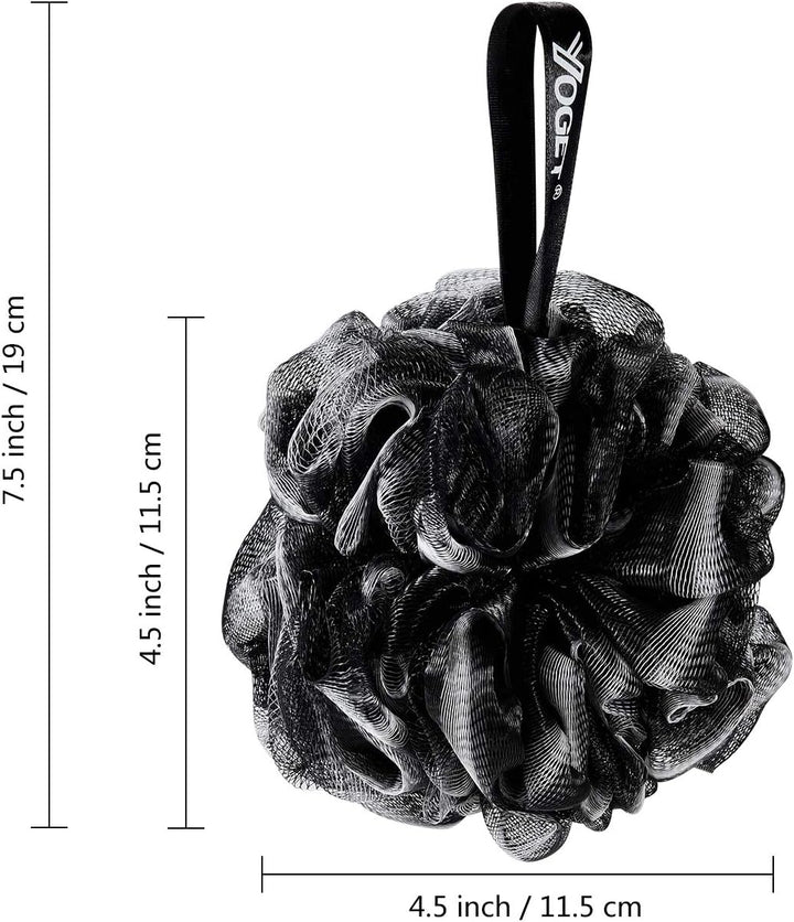 Bath Loofah Sponge, 4 Pack Black 60G Shower Mesh Ball Soft Pouf Body Scrubber, Exfoliate, Cleanse, Soothe Skin, Black Loofah with White Trim
