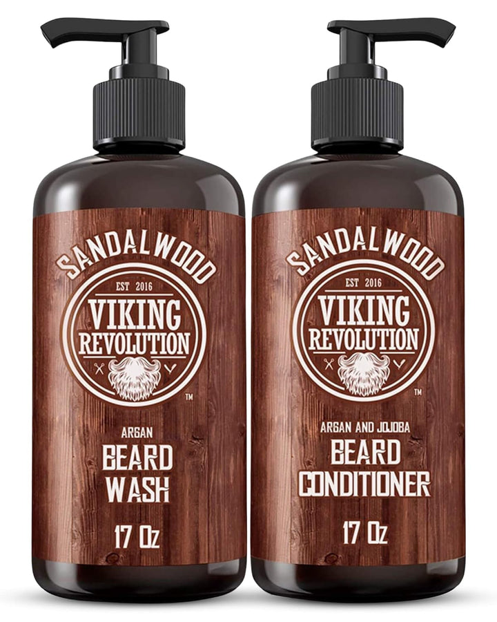 Beard Wash & Beard Conditioner Set with Argan & Jojoba Oils - Softens and Strengthens - Natural Sandalwood Scent - Beard Shampoo with Beard Oil (17 Oz)