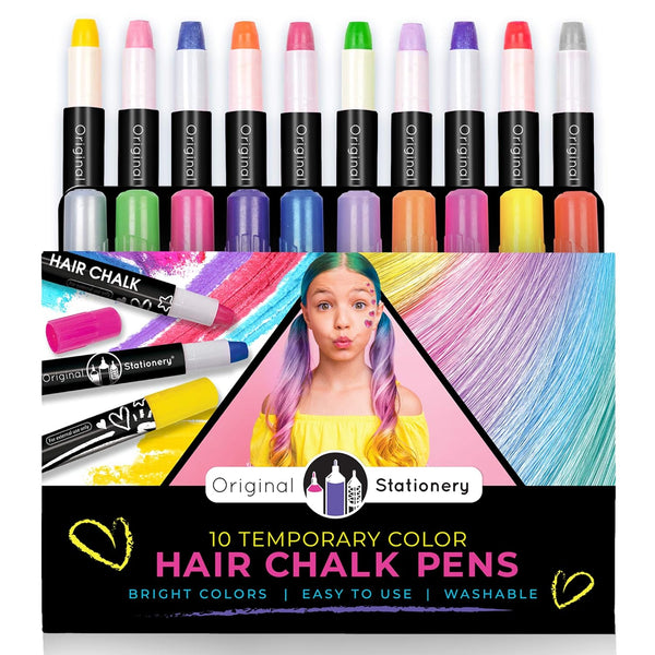 Temporary Hair Color Chalk Pens - 10 Count, Multicolor, Ages 7+ - Kids Hair Dye with Washable Metallic & Vibrant Crayons & Marker Pens
