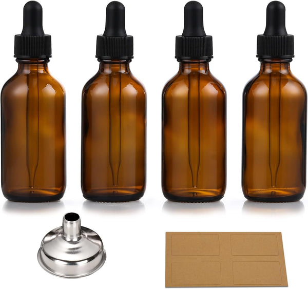 4 Pack, 1 Oz Thick Dark Amber Glass Dropper Bottles with 1 Funnels & 4 Labels - 30Ml Tincture Bottles with Eye Dropper - Leakproof Essential Oils Bottle - Storage and Travel for Beauty or Health