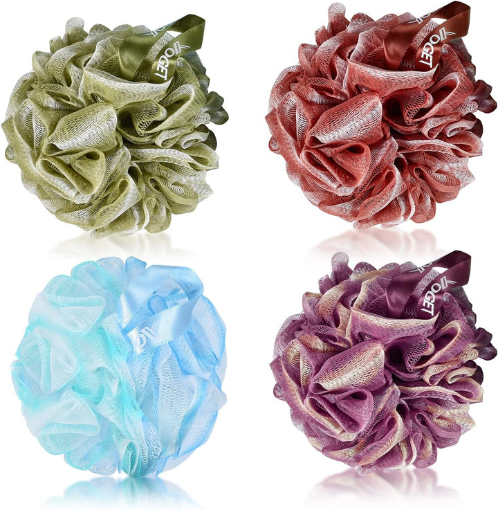 Bath Loofah Sponge, 4 Pack Black 60G Shower Mesh Ball Soft Pouf Body Scrubber, Exfoliate, Cleanse, Soothe Skin, Black Loofah with White Trim