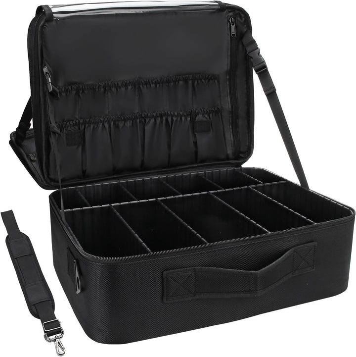 Travel Makeup Train Case Makeup Cosmetic Case Organizer Portable Artist Storage Bag with Adjustable Dividers for Cosmetics Makeup Brushes Toiletry Jewelry Digital Accessories Black