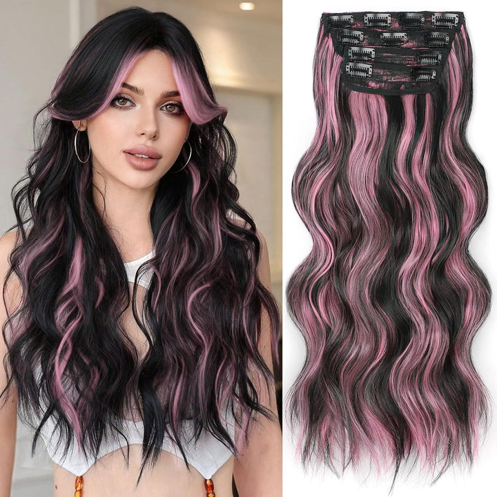 Clip in Long Wavy Synthetic Hair Extension 24 Inch Black 4PCS Thick Hairpieces Fiber Double Weft Hair for Women