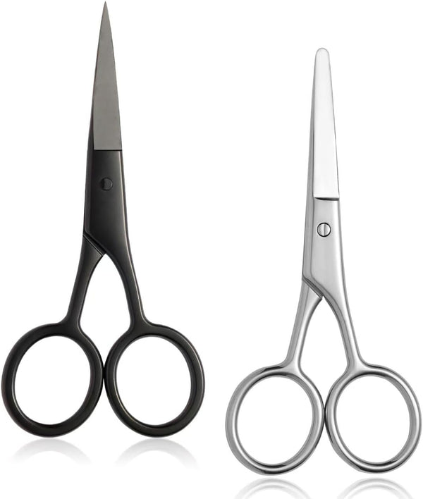 2PCS Small Grooming Scissors for Men and Women, Facial Hair Trimming Scissors with Straight & Rounded Safety Tips for Eyebrows, Nose Hair, Beard, Mustache, Eyelashes, and Ear Hair - Silver & Black