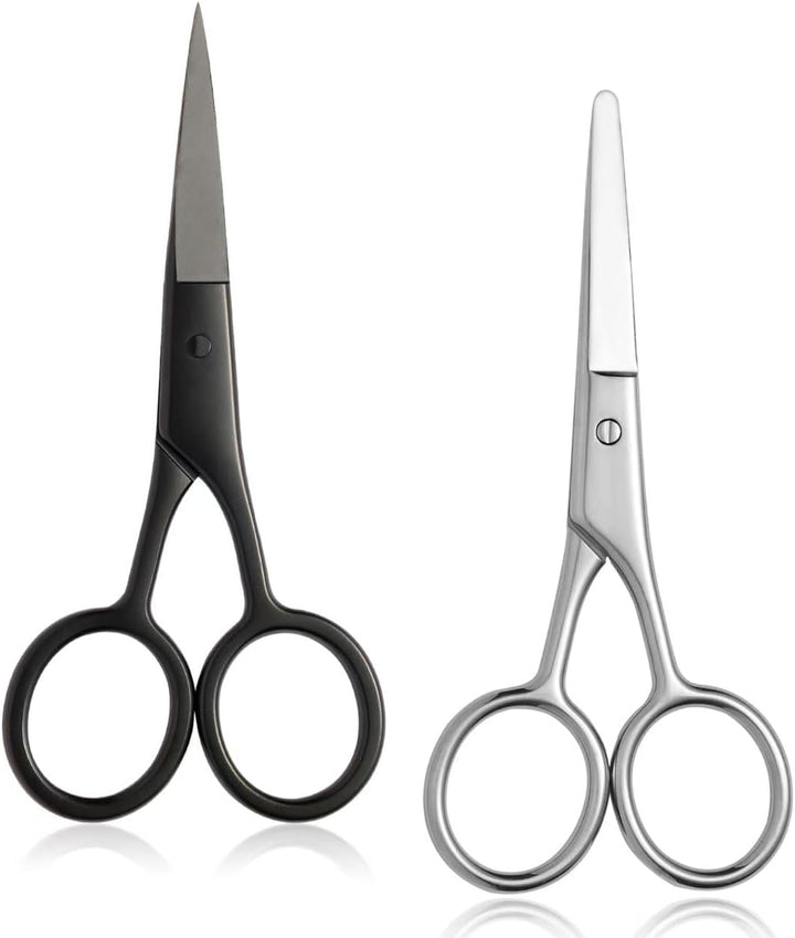 2PCS Small Grooming Scissors for Men and Women, Facial Hair Trimming Scissors with Straight & Rounded Safety Tips for Eyebrows, Nose Hair, Beard, Mustache, Eyelashes, and Ear Hair - Silver & Black