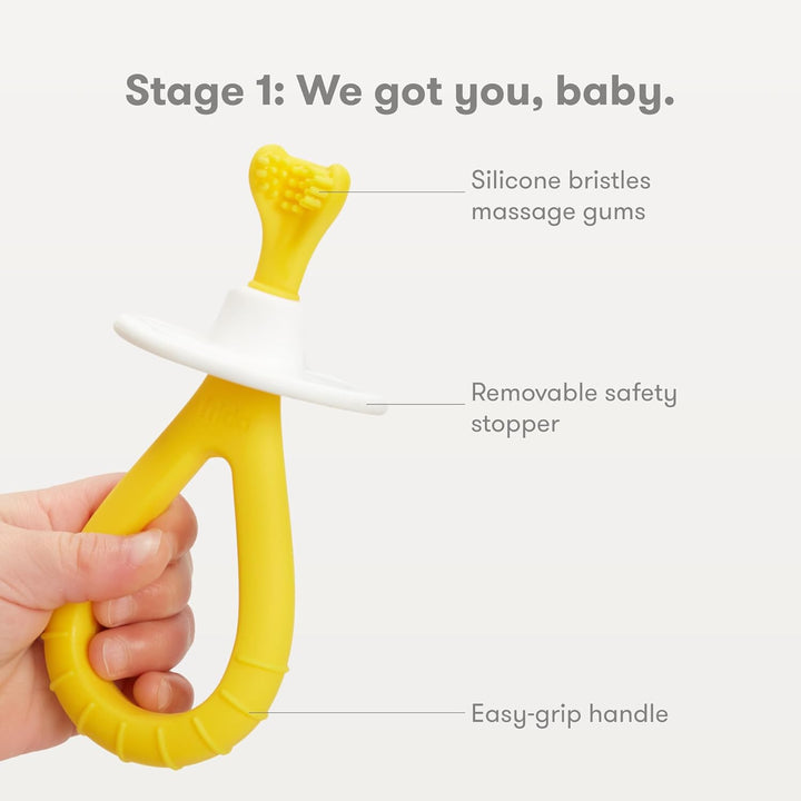 Grow-With-Me Baby Toothbrush Training Set | Infant to Toddler Toothbrush 0-12 Months, Cleans All Sides at Once, Oral Care for Sensitive Gums | Yellow