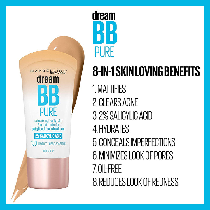 Dream Pure Skin Clearing BB Cream, 8-In-1 Skin Perfecting Beauty Balm with 2% Salicylic Acid, Sheer Tint Coverage, Oil-Free, Light/Medium, 1 Count