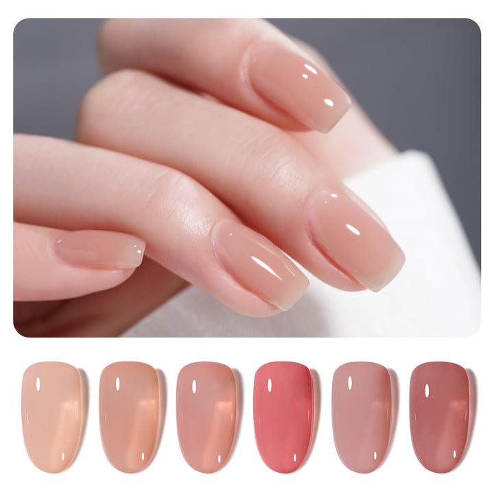 Rose Garden Jelly Gel Nail Polish of 6 Transparent Nude Red Pink Brown Colors Sheer Gel Polish Kit for Salon Manicure and Nail Art DIY at Home