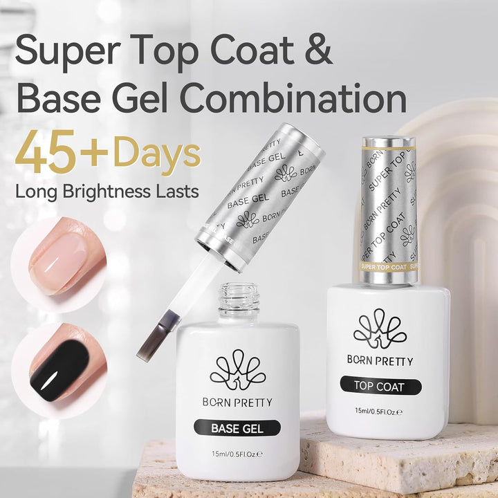 Gel Top Coat,15Ml Gloss Base and Top Coat Set, No Wipe Super Top Gel Not Chip or Peel and Long Lasting Base Gel Top Gel for Nail Art