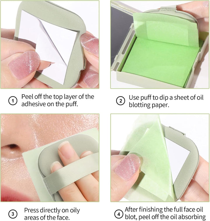 Oil Blotting Sheets for Face with Mirror and Puff, 300 Sheets Oil Blotting Paper for Oily Skin, Face Oil Absorbing Sheet, Natural Oil Control Film, Absorb Excess Oil, Makeup Friendly
