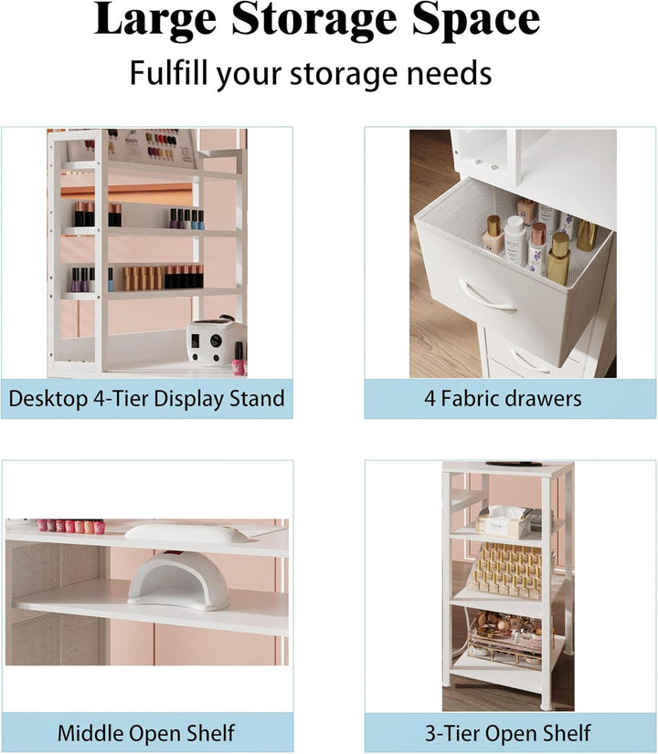 Manicure Table Nail Desk for Nail Tech with Drawers and Power Outlet,Nail Beauty Table with Storage and Open Shelves for Home,Workshop,Makeup Beauty Salon Workstation (White)