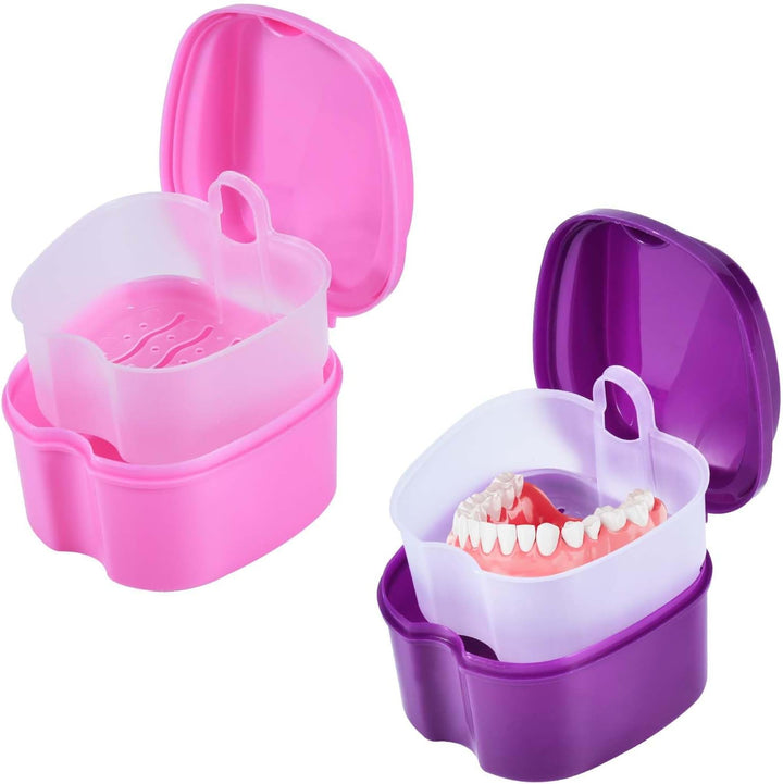 2 Pack Colors Denture Bath Case Cup Box Holder Storage Soak Container with Strainer Basket for Travel Cleaning (Light Blue and Blue)