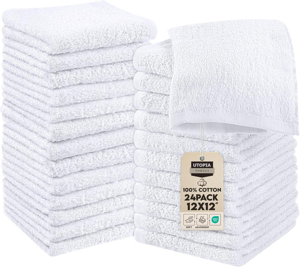 24 Pack Cotton Washcloths Set, 100% Ring Spun Cotton, Premium Quality Flannel Face Cloths, Highly Absorbent and Soft Feel Fingertip Towels, White
