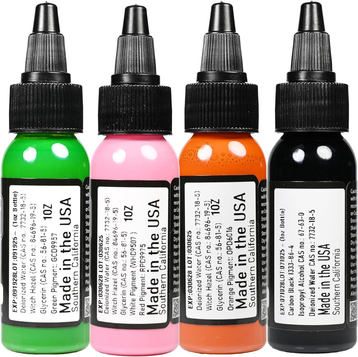 10 Color Tattoo Ink Bright Pigment Set – Professional Solid Tattooing Supplies on Human Skin - White Black Pink Brown Yellow Red Orange Blue Green Purple 1Oz Bottles