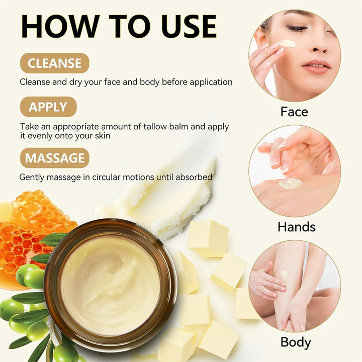 Beef Tallow for Skin, Organic Whipped Tallow and Honey Balm, Grass Fed Beef Tallow Face Moisturizer, Natural Tallow Skin Care Cream Body Butter, Nourish and Soothe Dry Skin