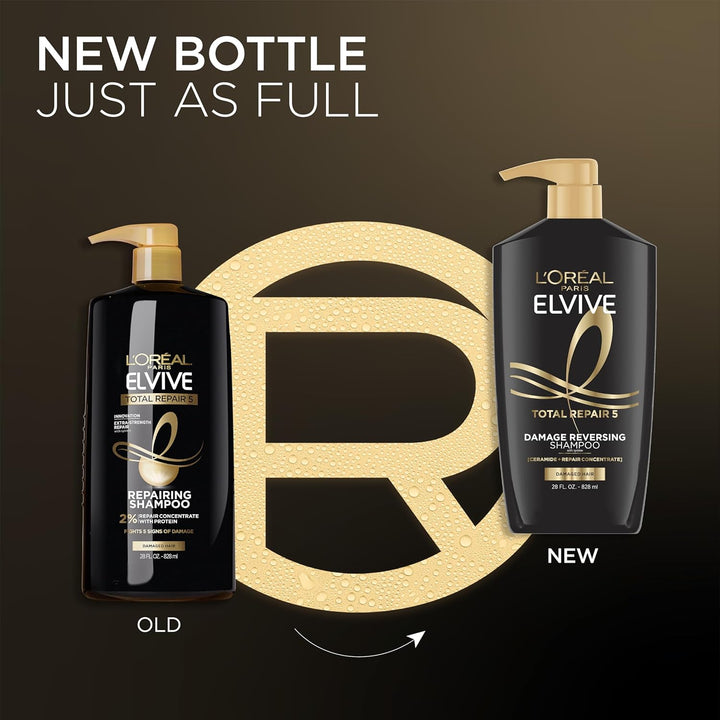 Elvive Total Repair 5 Repairing Shampoo and Conditioner for Damaged Hair, 28 Ounce (Set of 2)(Packaging May Vary)