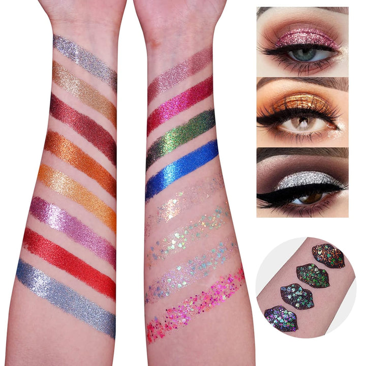 Pro Glitter Eyeshadow Palette - Professional 16 Colors - Chunky & Fine Pressed Glitter Eye Shadow Powder Makeup Pallet Highly Pigmented Ultra Shimmer for Face Body