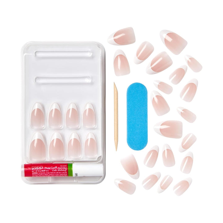 Classy, Press on Nails, Nail Glue Included, 'Dashing', Light White, Medium Size, Almond Shape, Includes 28 Nails, 2G Glue, 1 Manicure Stick, 1 Mini File