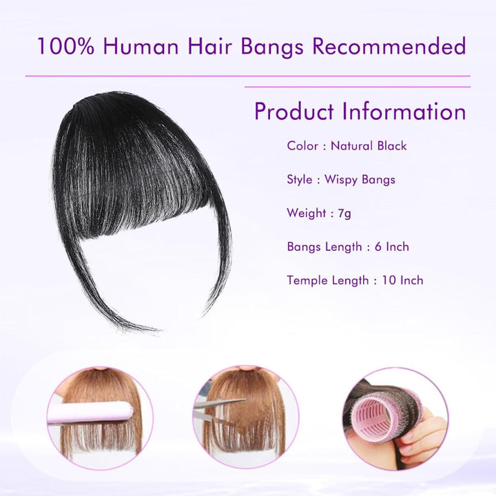 Clip in Bangs 100% Real Human Hair Extensions Wispy Natural Black Fake Bangs Hair Clip on Bangs for Women Fringe with Temples Hairpieces Faux Bangs for Daily Wear