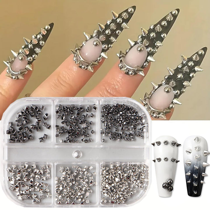 6 Grids Punk Bullet Rivet Nail Charm,3D Alloy Flat Bottomed Pointed Cone Mixed Black Silver Nail Art Rhinestones Studs DIY Crafts Nail Art Charm Spike Nails for Women DIY Nail Decoration Accessories