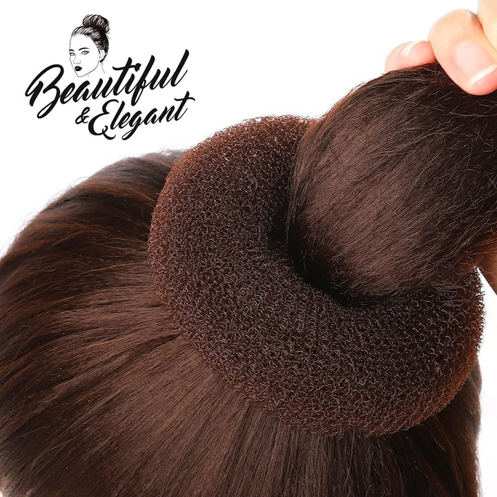 Donut Hair Bun Maker Set - 7 Rings (1 Extra-Large, 2 Large, 2 Medium, 2 Small), 5 Elastic Bands, 20 Hair Pins, Dark Brown