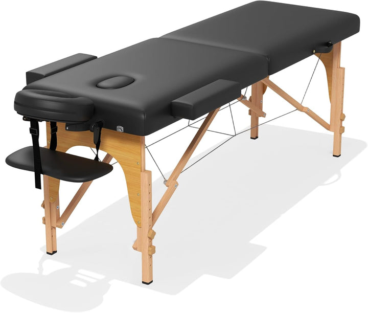 Massage Table, 3 Fold Portable Professional Lash Tattoo Spa Bed, Height Adjustable 23.5" Wide Compact Facial Table with Detachable Oil Pocket Towel Rod Face Cradle Armrest, Aluminum Feet & Black