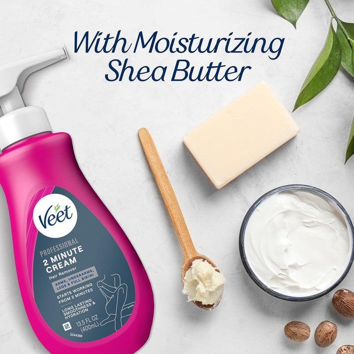 Professional 2 Minute Cream for All Skin Types with Shea Butter, Full Bikini & Pubic Hair Removal, Dermatologically Tested, 13.5 FL OZ Bottle W/Spatula