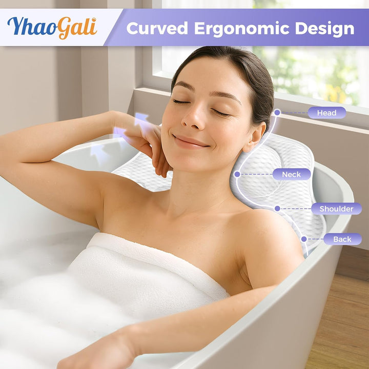 Bath Pillows for Tub, Ergonomic Bathtub Pillow for Head & Neck Relaxation, 4D Air Mesh Bath Cushion with 6 Non-Slip Suction Cups, Fits All Bathtubs (White)