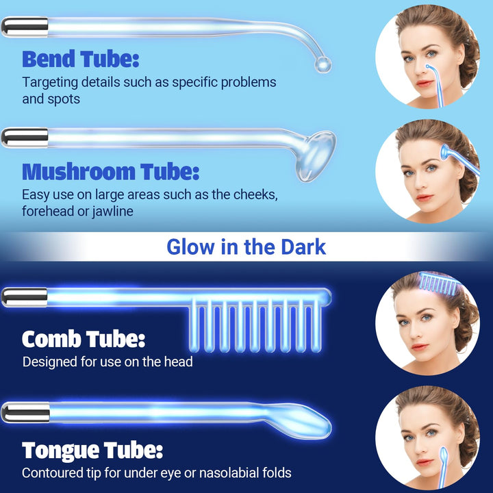 High Frequency Facial Device -  Blue High Frequency Facial Wand - Portable High Frequency Machine with 4 Fusion Neon + Argon Wands