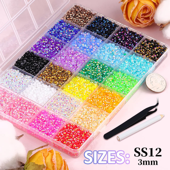 30000Pcs Resin Jelly Rhinestones for Bedazzling, Multicolor 3Mm Flatback Gems for Diamond Art, Bedazzler Kit with 3Pcs 10Ml B7000 Jewelry Glue for Nail Art Crafting Book Makeup