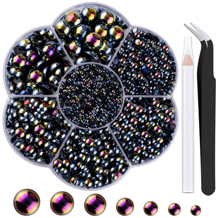 Nail Art Flat Back Half round Pearl Kits 3, Mixed Sizes 6000 Pcs White Small Pearls for Nails with Picking Tools for Graduation Cap Decorations Home DIY Body Face Craft Salon Use