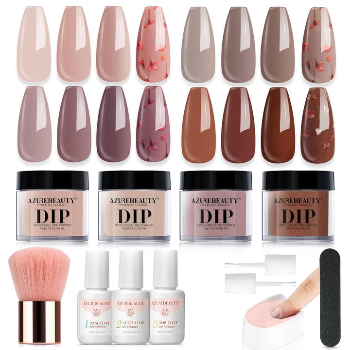 Dip Powder Nail Kit Starter, All Season Nude Skin Glitter 4 Colors Dipping Powder Liquid Set Recycling Tray with Base & Top Coat Activator for French Nail Art Manicure Salon DIY at Home.