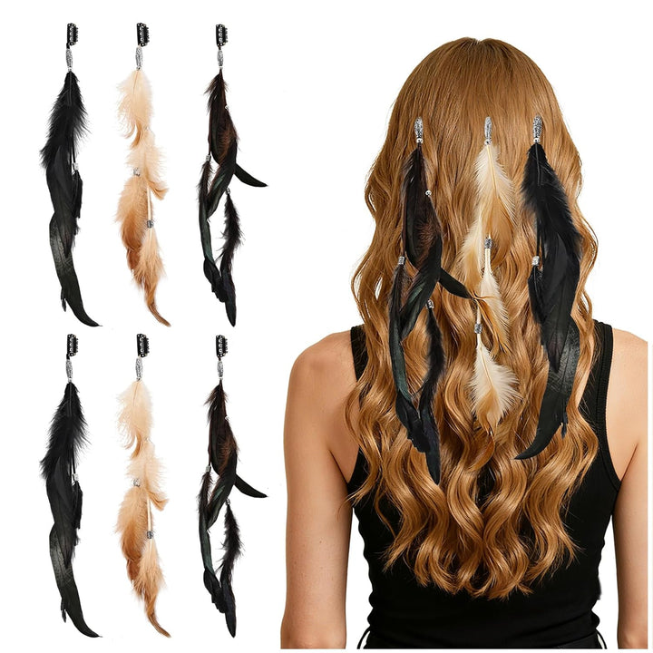 Feathers Hair Extensions for Women Boho Clip-In Hair Feather Accessories for Carnival Halloween Party Performances Photo Shoots, Brown Black Dark Coffee(3 Pcs)