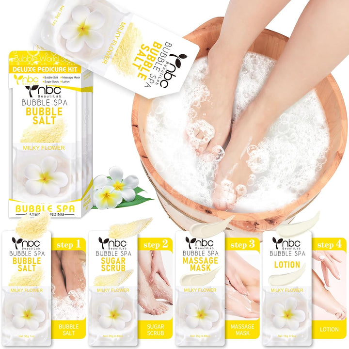 Pedicure Kit Foot Soak Set: Bubble Salt, Sugar Scrub, Massage Mask, Massage Lotion in a Box, 4 Step Foot Spa Kit for Dry Feet,Tired Feet（1 Set Lavender)